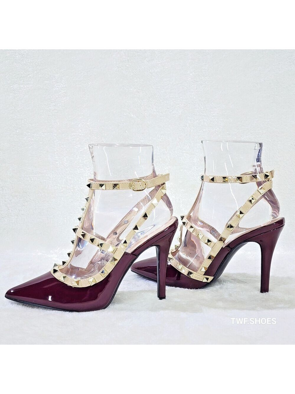 NIB Caged Burgundy Red Patent Studded Strappy Stiletto High Heel Shoes